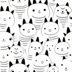 black and white, monochrome, cats, kittens, feline faces, cute animals, cartoon style, kawaii, minimalist design, line art, pet themed, animal pattern,, fabric panel, craft fabric, sewing material, adorable characters, whimsical, playful design, geometric striping
