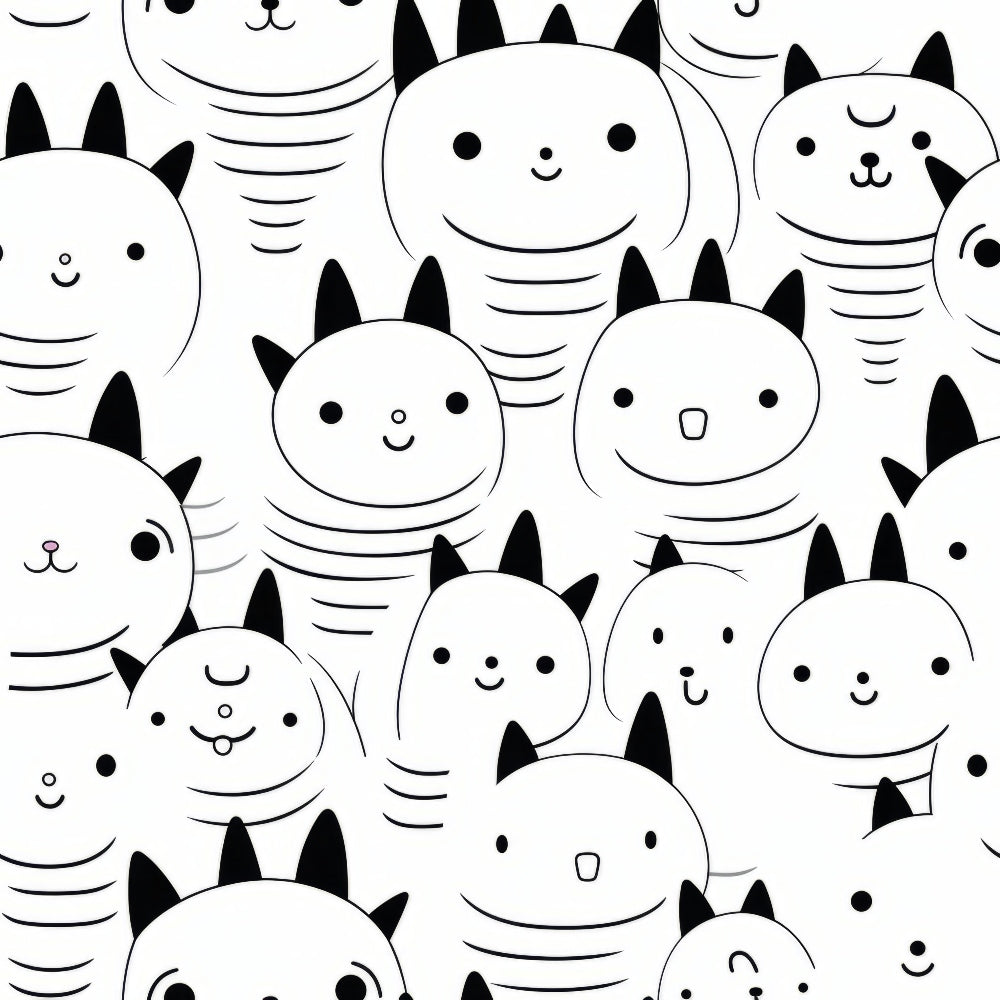 black and white, monochrome, cats, kittens, feline faces, cute animals, cartoon style, kawaii, minimalist design, line art, pet themed, animal pattern,, fabric panel, craft fabric, sewing material, adorable characters, whimsical, playful design, geometric striping