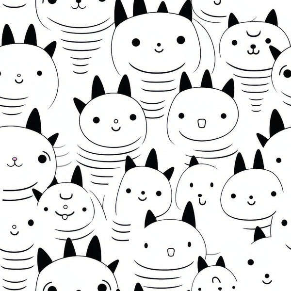 black and white, monochrome, cats, kittens, feline faces, cute animals, cartoon style, kawaii, minimalist design, line art, pet themed, animal pattern,, fabric panel, craft fabric, sewing material, adorable characters, whimsical, playful design, geometric striping