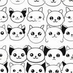 black and white, cats, feline faces, kawaii style, cute animals, repeating pattern, monochrome,, fabric panel, cartoon cats, round faces, minimalist design, pet theme, kitten motifs, simple illustrations, craft fabric, sewing material, animal pattern, geometric arrangement, playful design