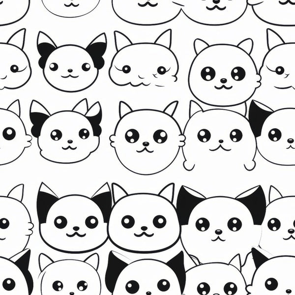black and white, cats, feline faces, kawaii style, cute animals, repeating pattern, monochrome,, fabric panel, cartoon cats, round faces, minimalist design, pet theme, kitten motifs, simple illustrations, craft fabric, sewing material, animal pattern, geometric arrangement, playful design