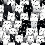 black, white, gray, cats, felines, kittens, cute faces, whiskers, ears, repeating pattern, monochrome, seamless design, kawaii style, adorable animals, pet theme,, fabric panel, craft material, sewing supply, whimsical mood