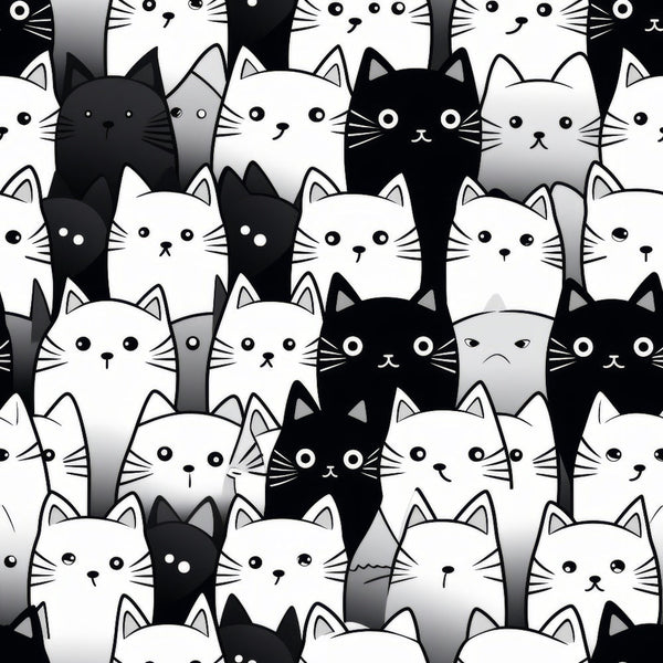 black, white, gray, cats, felines, kittens, cute faces, whiskers, ears, repeating pattern, monochrome, seamless design, kawaii style, adorable animals, pet theme,, fabric panel, craft material, sewing supply, whimsical mood