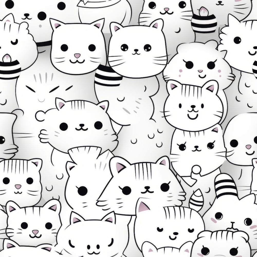 black, white, gray, cats, kittens, kawaii, cute animals, cartoon style, striped tails, whiskers, fabric panel,, seamless pattern, adorable faces, feline design, monochrome, playful cats, scattered layout, children's fabric, nursery theme