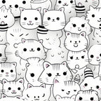 black, white, gray, cats, kittens, kawaii, cute animals, cartoon style, striped tails, whiskers, fabric panel,, seamless pattern, adorable faces, feline design, monochrome, playful cats, scattered layout, children's fabric, nursery theme