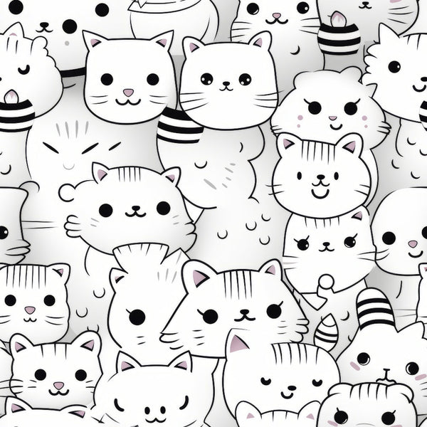 black, white, gray, cats, kittens, kawaii, cute animals, cartoon style, striped tails, whiskers, fabric panel,, seamless pattern, adorable faces, feline design, monochrome, playful cats, scattered layout, children's fabric, nursery theme