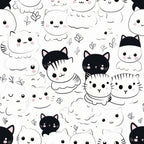 black and white, kawaii cats, cute kittens, cartoon animals, minimalist design, monochrome pattern, adorable faces, whiskers, cat ears,, fabric panel, sweet expressions, playful cats, simple illustration, nursery theme, pet lovers, feline friends, soft pastels, whimsical style, repeating pattern