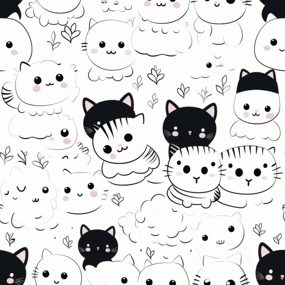 black and white, kawaii cats, cute kittens, cartoon animals, minimalist design, monochrome pattern, adorable faces, whiskers, cat ears,, fabric panel, sweet expressions, playful cats, simple illustration, nursery theme, pet lovers, feline friends, soft pastels, whimsical style, repeating pattern