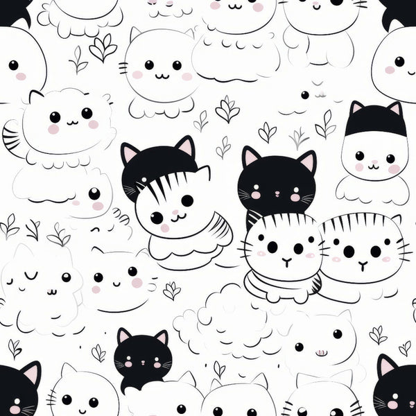 black and white, kawaii cats, cute kittens, cartoon animals, minimalist design, monochrome pattern, adorable faces, whiskers, cat ears,, fabric panel, sweet expressions, playful cats, simple illustration, nursery theme, pet lovers, feline friends, soft pastels, whimsical style, repeating pattern