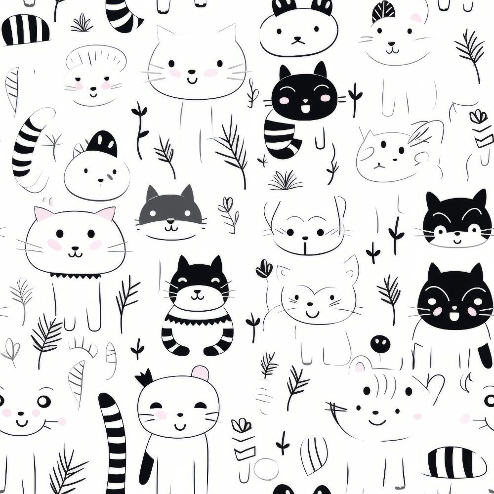 black and white, monochrome, cats, kittens, felines, cute animals, kawaii style, cartoon cats, simple illustrations, minimalist design, striped tails, whiskers, plant elements, leaves, botanical accents,, fabric panel, children's pattern, playful design, nursery theme, pet lovers, craft fabric