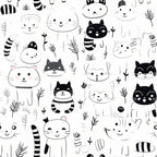black and white, monochrome, cats, kittens, felines, cute animals, kawaii style, cartoon cats, simple illustrations, minimalist design, striped tails, whiskers, plant elements, leaves, botanical accents,, fabric panel, children's pattern, playful design, nursery theme, pet lovers, craft fabric