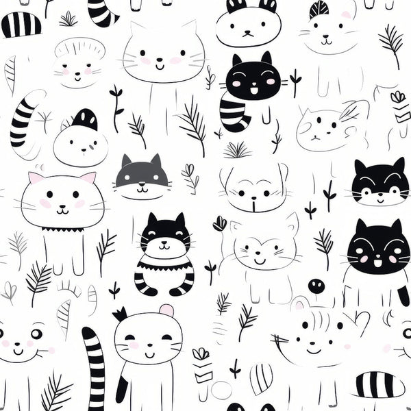 black and white, monochrome, cats, kittens, felines, cute animals, kawaii style, cartoon cats, simple illustrations, minimalist design, striped tails, whiskers, plant elements, leaves, botanical accents,, fabric panel, children's pattern, playful design, nursery theme, pet lovers, craft fabric