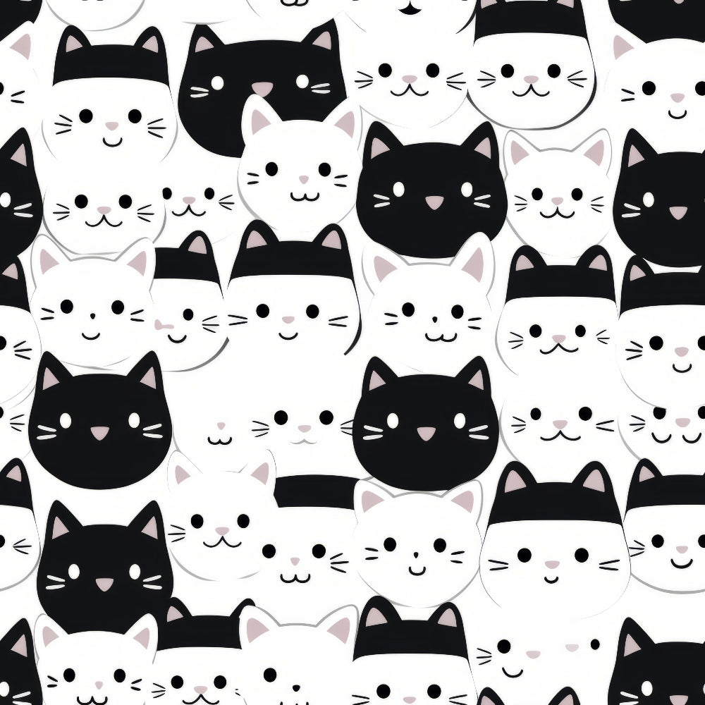 Illustration of multiple black and white cat faces arranged in a seamless pattern, each with simple, cartoon-like features.