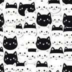 Illustration of multiple black and white cat faces arranged in a seamless pattern, each with simple, cartoon-like features.