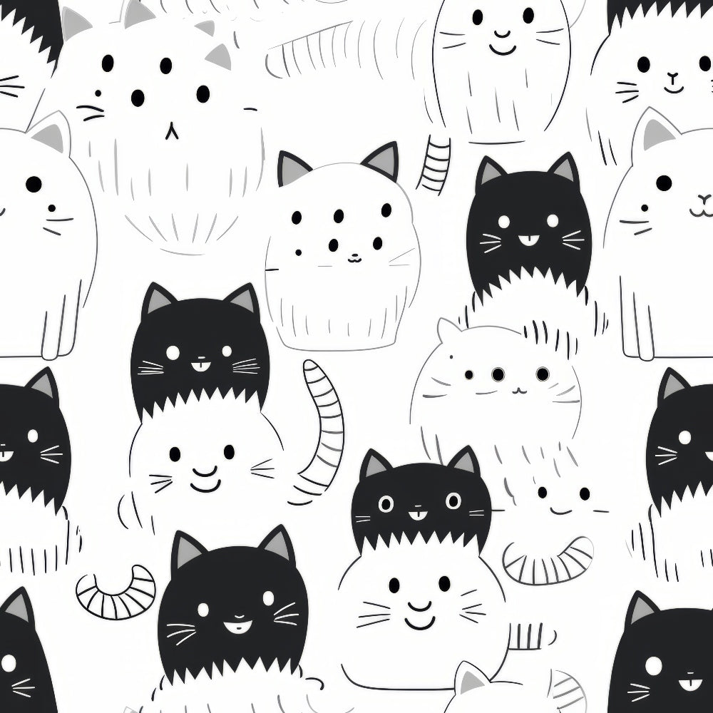 Illustration of black and white cartoon cats with various facial expressions on a light background.
