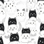 Illustration of black and white cartoon cats with various facial expressions on a light background.