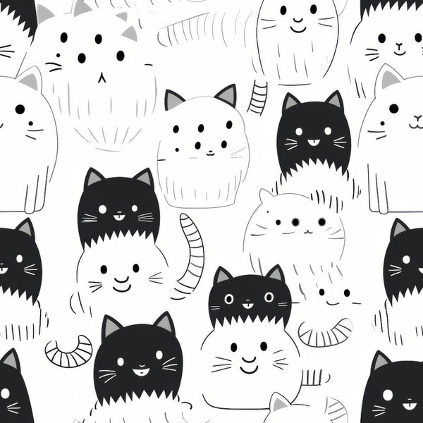 Illustration of black and white cartoon cats with various facial expressions on a light background.