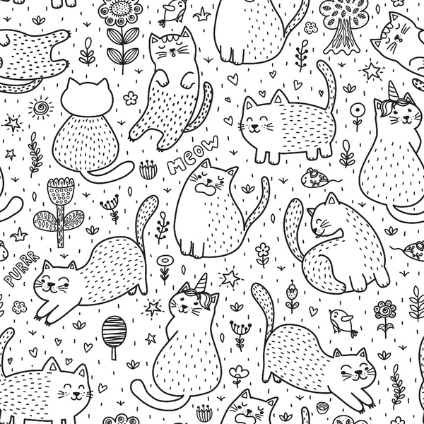 black and white, monochrome, cat doodles, feline illustrations, hand-drawn style, whimsical cats,, fabric panel, playful design, cartoon cats, outlined drawings, cute animals, repetitive pattern, crafting fabric, sewing material, kitty motifs, artistic sketches, pet themed, creative design, cotton fabric