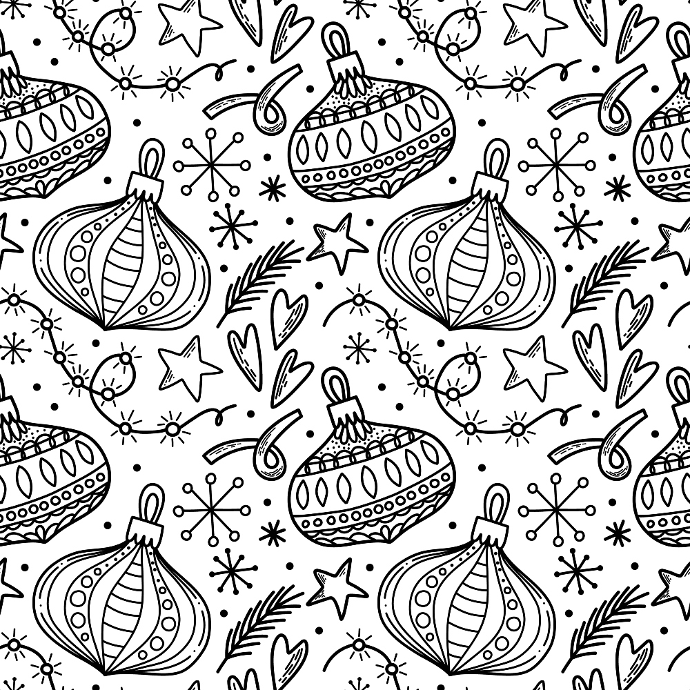 Black and white pattern with hand-drawn Christmas ornaments, stars, snowflakes, and festive elements on a white background.