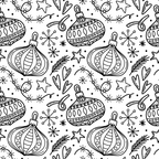 Black and white pattern with hand-drawn Christmas ornaments, stars, snowflakes, and festive elements on a white background.