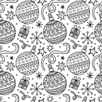 Black and white pattern of Christmas ornaments, stars, gifts, and ribbons on a seamless background.