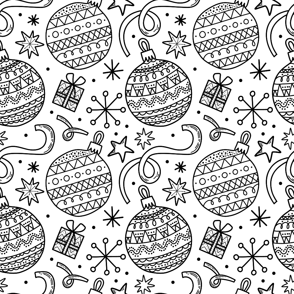 Black and white pattern of Christmas ornaments, stars, gifts, and ribbons on a seamless background.