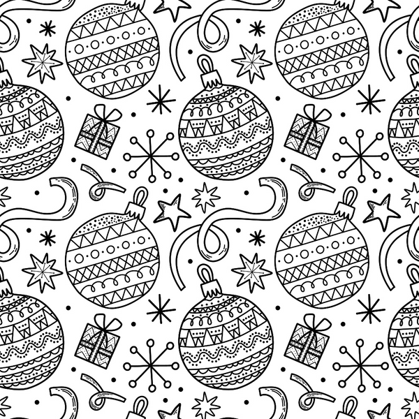 Black and white pattern of Christmas ornaments, stars, gifts, and ribbons on a seamless background.