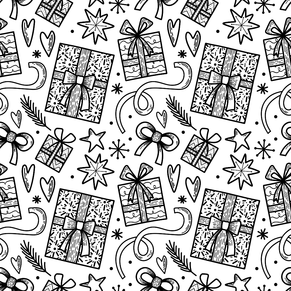 black and white, monochrome, christmas gifts, wrapped presents, gift boxes, ribbons, bows, stars, hearts, snowflakes, hand drawn, sketched style, doodle pattern, festive motifs, holiday theme,, fabric panel, seamless pattern, winter elements, decorative swirls