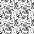 black and white, monochrome, christmas gifts, wrapped presents, gift boxes, ribbons, bows, stars, hearts, snowflakes, hand drawn, sketched style, doodle pattern, festive motifs, holiday theme,, fabric panel, seamless pattern, winter elements, decorative swirls
