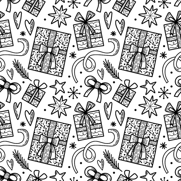 black and white, monochrome, christmas gifts, wrapped presents, gift boxes, ribbons, bows, stars, hearts, snowflakes, hand drawn, sketched style, doodle pattern, festive motifs, holiday theme,, fabric panel, seamless pattern, winter elements, decorative swirls