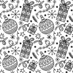 black and white, christmas ornaments, gift boxes, wrapped presents, snowflakes, stars, ribbons, bows, holiday motifs, monochrome pattern, sketched style, hand drawn, repeating design,, fabric panel, winter theme, festive elements, line art, decorative baubles, christmas decorations