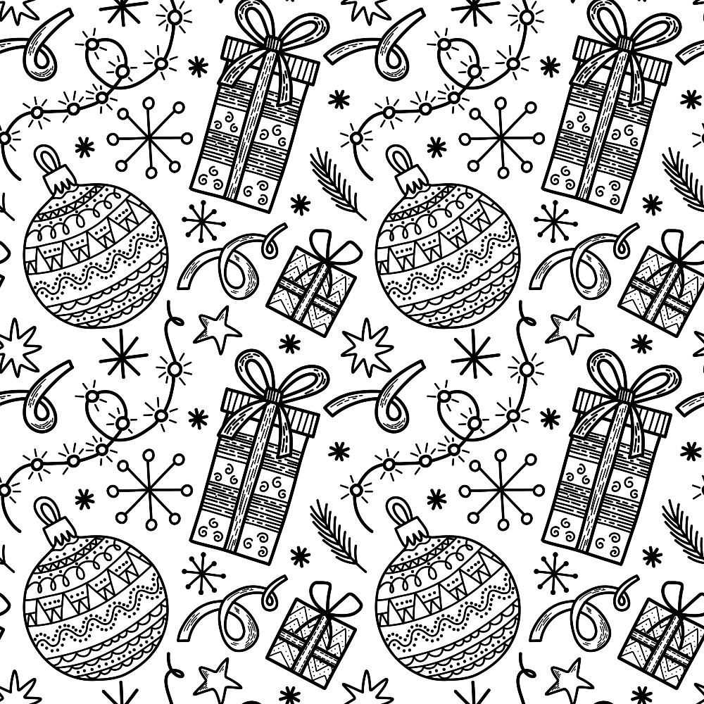 black and white, christmas ornaments, gift boxes, wrapped presents, snowflakes, stars, ribbons, bows, holiday motifs, monochrome pattern, sketched style, hand drawn, repeating design,, fabric panel, winter theme, festive elements, line art, decorative baubles, christmas decorations