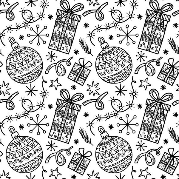 black and white, christmas ornaments, gift boxes, wrapped presents, snowflakes, stars, ribbons, bows, holiday motifs, monochrome pattern, sketched style, hand drawn, repeating design,, fabric panel, winter theme, festive elements, line art, decorative baubles, christmas decorations