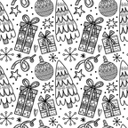 black and white, christmas pattern, holiday motifs, sketched illustrations, gift boxes, ornaments, christmas trees, snowflakes, stars, ribbons, hand-drawn style, repeating pattern,, fabric panel, monochrome design, festive elements, winter theme, line art, decorative baubles, present wrapping