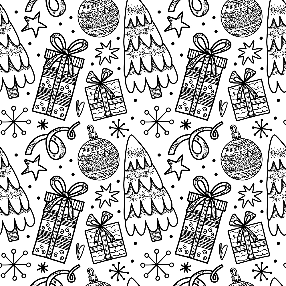 black and white, christmas pattern, holiday motifs, sketched illustrations, gift boxes, ornaments, christmas trees, snowflakes, stars, ribbons, hand-drawn style, repeating pattern,, fabric panel, monochrome design, festive elements, winter theme, line art, decorative baubles, present wrapping