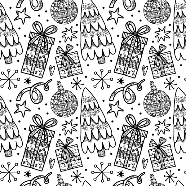 black and white, christmas pattern, holiday motifs, sketched illustrations, gift boxes, ornaments, christmas trees, snowflakes, stars, ribbons, hand-drawn style, repeating pattern,, fabric panel, monochrome design, festive elements, winter theme, line art, decorative baubles, present wrapping