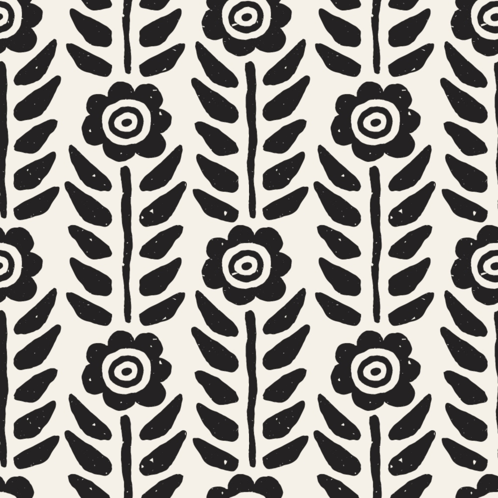 black, white, monochrome, floral pattern, folk art, scandinavian style, flowers, leaves, botanical motif, repeating design, geometric flowers, hand drawn, doodle style,, fabric panel, crafting material, sewing fabric, block print style, minimalist design, modern folk