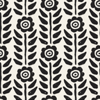 black, white, monochrome, floral pattern, folk art, scandinavian style, flowers, leaves, botanical motif, repeating design, geometric flowers, hand drawn, doodle style,, fabric panel, crafting material, sewing fabric, block print style, minimalist design, modern folk