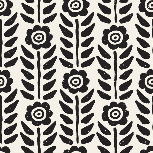 black, white, monochrome, floral pattern, folk art, scandinavian style, flowers, leaves, botanical motif, repeating design, geometric flowers, hand drawn, doodle style,, fabric panel, crafting material, sewing fabric, block print style, minimalist design, modern folk
