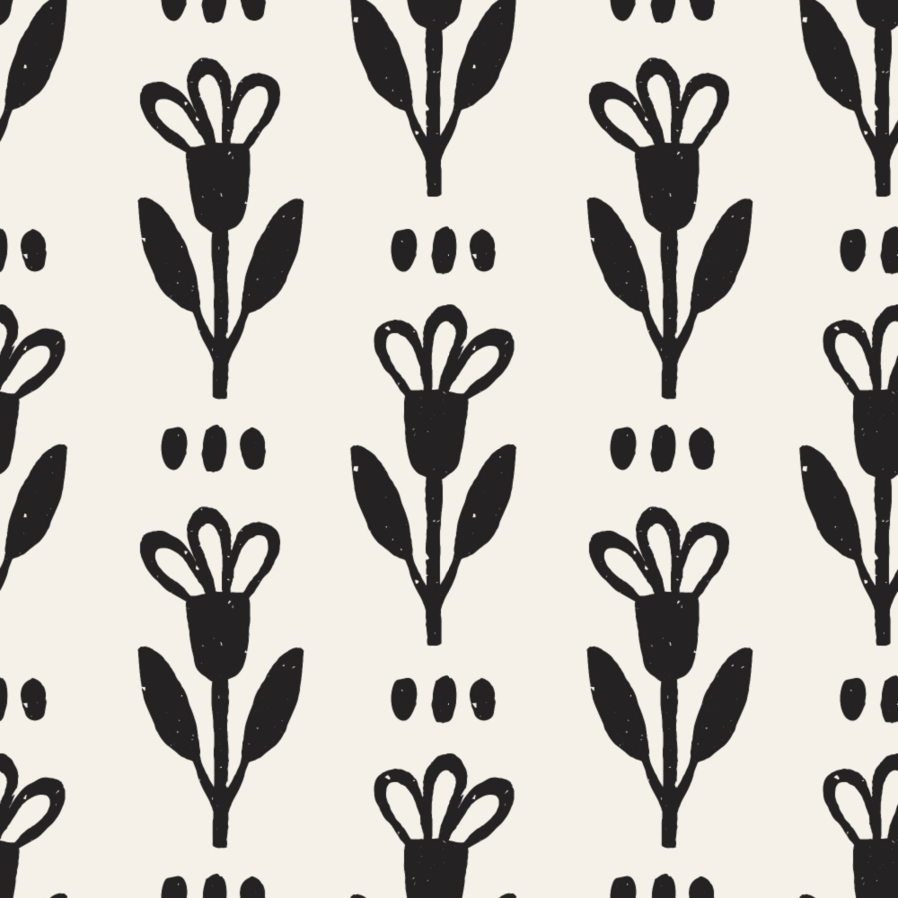black, white, cream, beige, floral motifs, botanical pattern, folk art flowers, stylized blooms, hand-drawn style, geometric dots, minimalist design, modern folk, scandinavian inspired,, fabric panel, repeating pattern, monochrome, crafting material, sewing fabric, contemporary botanical