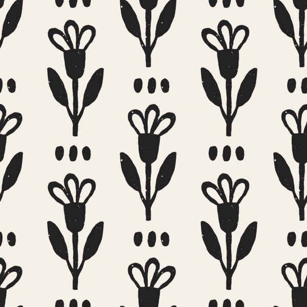 black, white, cream, beige, floral motifs, botanical pattern, folk art flowers, stylized blooms, hand-drawn style, geometric dots, minimalist design, modern folk, scandinavian inspired,, fabric panel, repeating pattern, monochrome, crafting material, sewing fabric, contemporary botanical