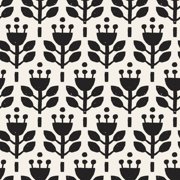 black, white, botanical, flowers, leaves, stems, folk art, scandinavian style, geometric florals, repeating pattern, monochrome, minimalist,, fabric panel, nature motifs, stylized blooms, modern folk, clean design, craft fabric, sewing material