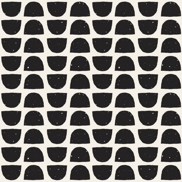 black, white, geometric pattern, semicircles, half moons, polka dots, speckled texture, repeating motifs, modern design, minimalist, monochrome,, fabric panel, contemporary style, abstract shapes, dotted accents, graphic print, crafting material, sewing fabric, geometric repetition