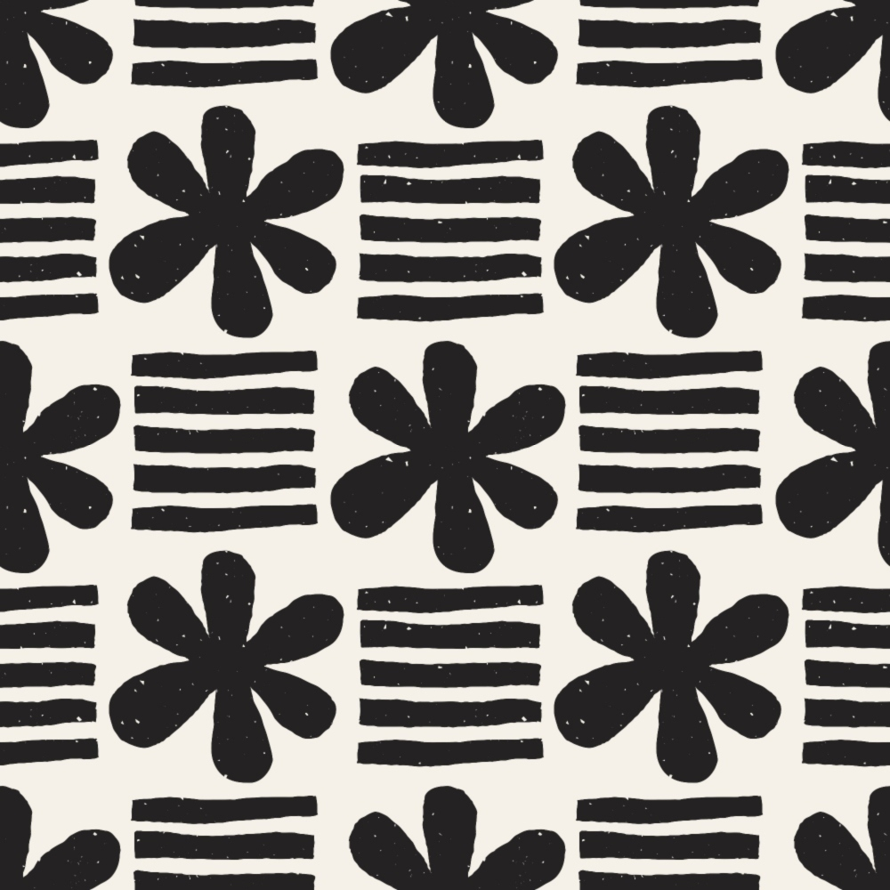 black, white, monochrome, flowers, asterisk shapes, horizontal lines, stripes, hand-drawn, doodle style, sketchy, geometric, repeating pattern, modern, minimalist,, fabric panel, contemporary, abstract florals, bold contrast, playful