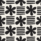black, white, monochrome, flowers, asterisk shapes, horizontal lines, stripes, hand-drawn, doodle style, sketchy, geometric, repeating pattern, modern, minimalist,, fabric panel, contemporary, abstract florals, bold contrast, playful