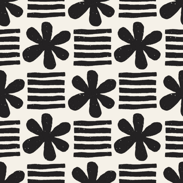 black, white, monochrome, flowers, asterisk shapes, horizontal lines, stripes, hand-drawn, doodle style, sketchy, geometric, repeating pattern, modern, minimalist,, fabric panel, contemporary, abstract florals, bold contrast, playful