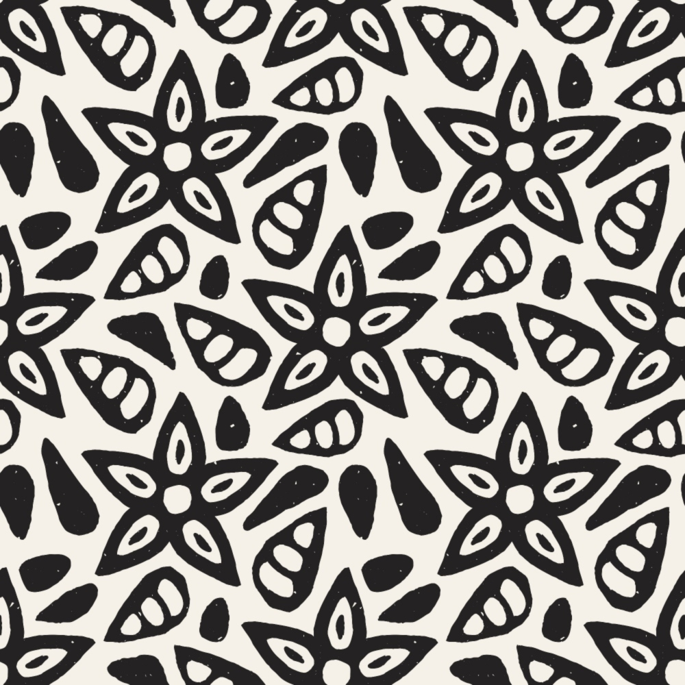 black, white, doodles, floral motifs, abstract flowers, geometric shapes, organic patterns, hand-drawn style, monochrome, repeating design,, fabric panel, petals, leaves, botanical elements, whimsical, artistic, modern pattern, crafting fabric
