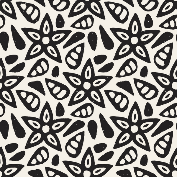 black, white, doodles, floral motifs, abstract flowers, geometric shapes, organic patterns, hand-drawn style, monochrome, repeating design,, fabric panel, petals, leaves, botanical elements, whimsical, artistic, modern pattern, crafting fabric