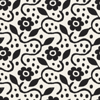 black, white, cream, doodle pattern, skulls, flowers, leaves, whimsical, playful, hand-drawn style, quirky, scattered dots, organic shapes, repeating pattern,, fabric panel, modern design, artistic motifs, folk art inspired, monochrome