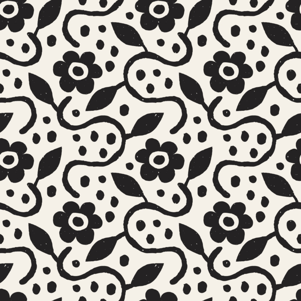 black, white, cream, doodle pattern, skulls, flowers, leaves, whimsical, playful, hand-drawn style, quirky, scattered dots, organic shapes, repeating pattern,, fabric panel, modern design, artistic motifs, folk art inspired, monochrome